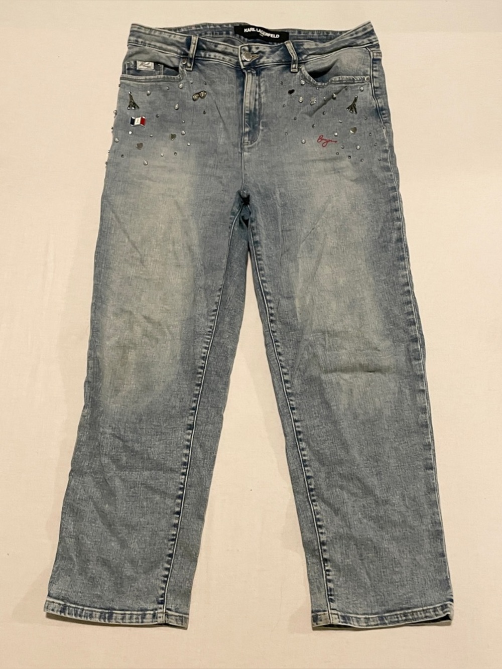 Karl Lagerfeld Paris Embellished Straight Leg Jeans Bonjour Eiffel Tower Blue 14